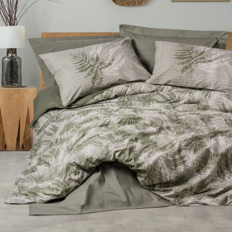 Σετ παπλωματοθήκη Frond Cotton Box 4 τμχ Διπλή (200×220) χρώμα χακί