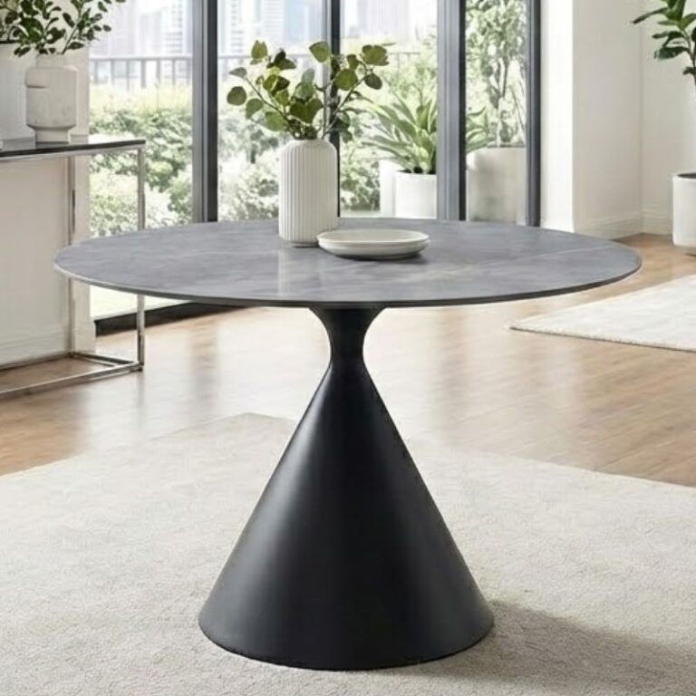 Τραπέζι Logan sintered stone – μέταλλο χρώμα γκρι εφέ μαρμάρου – μαύρο Ø120×72εκ.