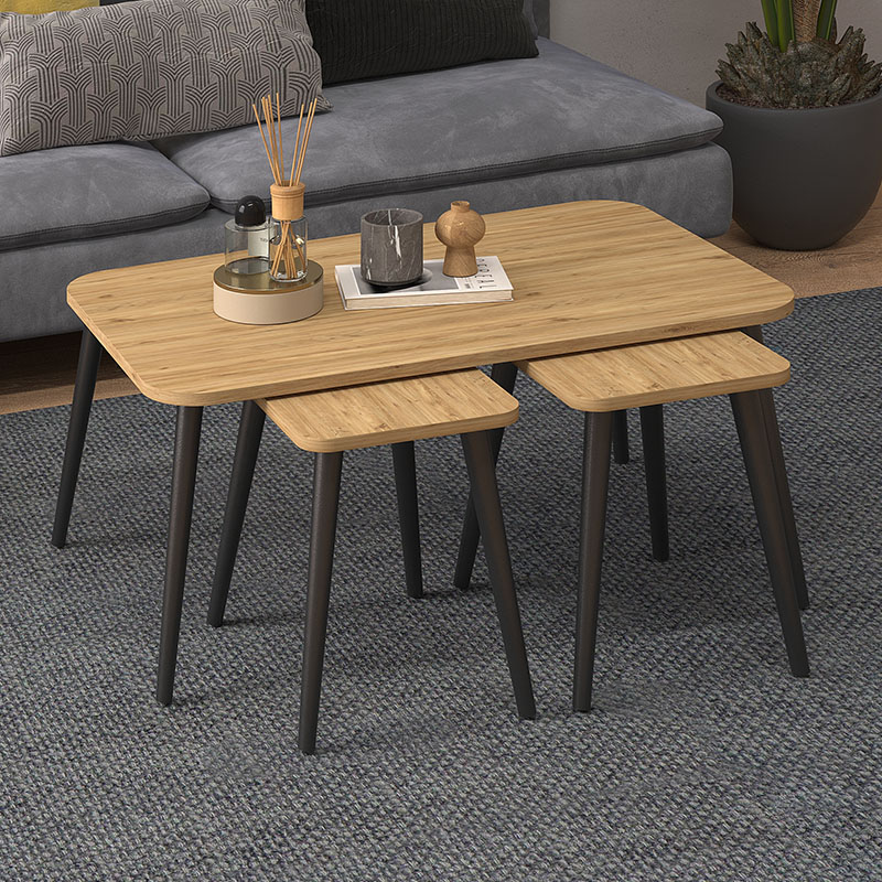 Τραπεζάκι σαλονιού σετ 3 τμχ Κως 77 χρώμα oak 90x55x46εκ.