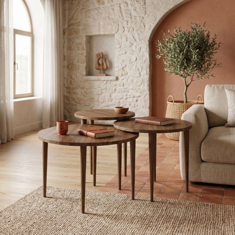 Τραπεζάκι σαλονιού σετ 3 τμχ Nola χρώμα καρυδί Ø60×46εκ.