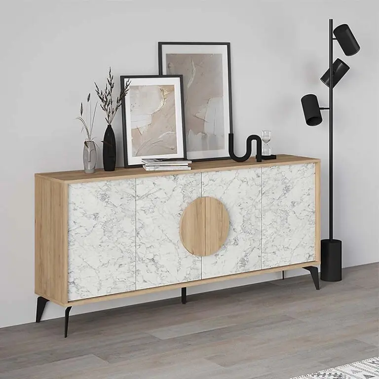 Μπουφές Σύμη 55 χρώμα sapphire oak – λευκό εφέ μαρμάρου 180×35,6×82εκ.