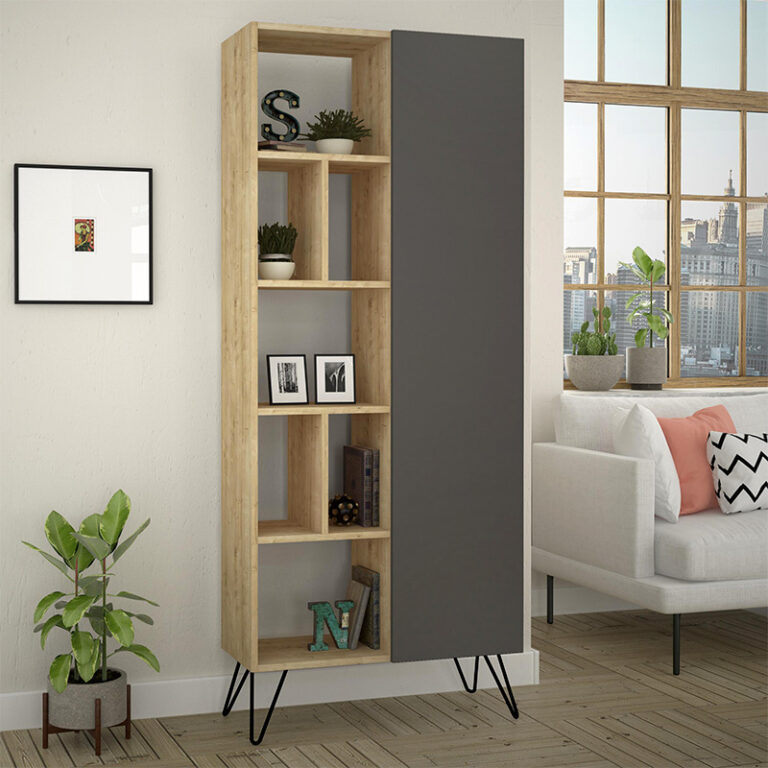 Βιβλιοθήκη Jedda χρώμα sapphire oak – ανθρακί 80,6×29,6×191εκ.