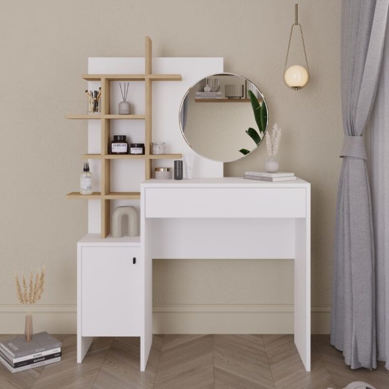 Τουαλέτα με καθρέπτη Mup Megapap χρώμα λευκό – sapphire oak 105x35x151εκ.