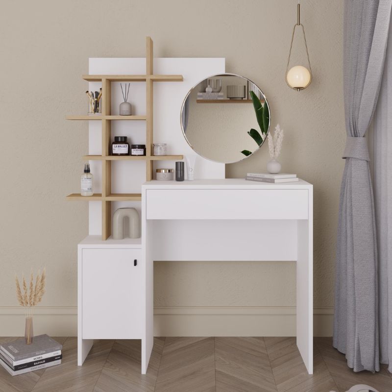 Τουαλέτα με καθρέπτη Θήρα 81 χρώμα λευκό - sapphire oak 105x35x151εκ.