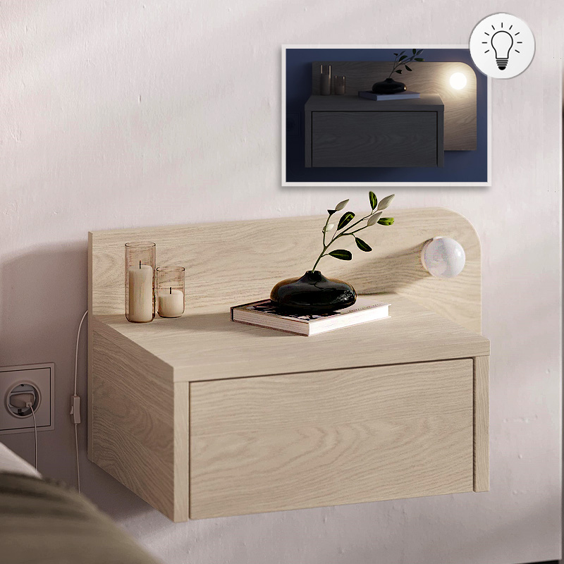 Κομοδίνο επιτοίχιο Αντίπαρος 72 με LED χρώμα light oak 52x33,6x28εκ.