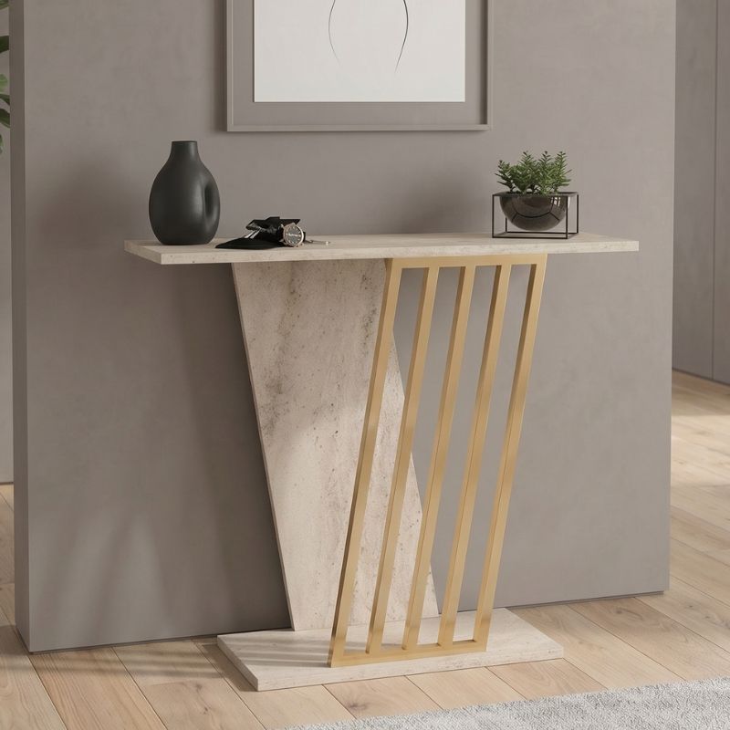 Κονσόλα Κύθνος 79 χρώμα travertine - χρυσό 90x29,6x76,8εκ.