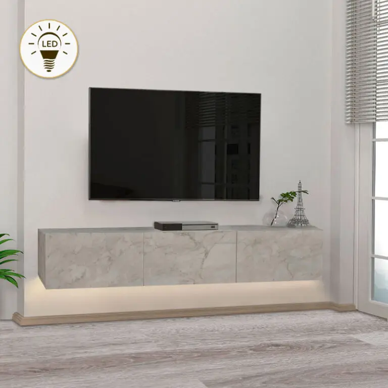 Έπιπλο τηλεόρασης επιτοίχιο Πάτμος 50 με LED χρώμα λευκό εφέ μαρμάρου 180×29,5×29,5εκ.