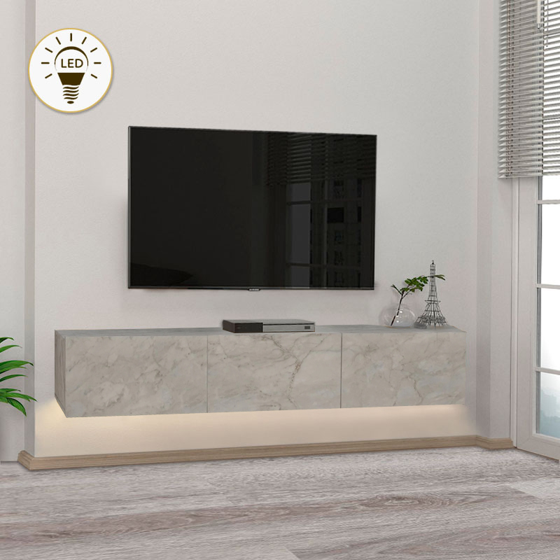 Έπιπλο τηλεόρασης επιτοίχιο Πάτμος 50 με LED χρώμα λευκό εφέ μαρμάρου 180x29,5x29,5εκ.