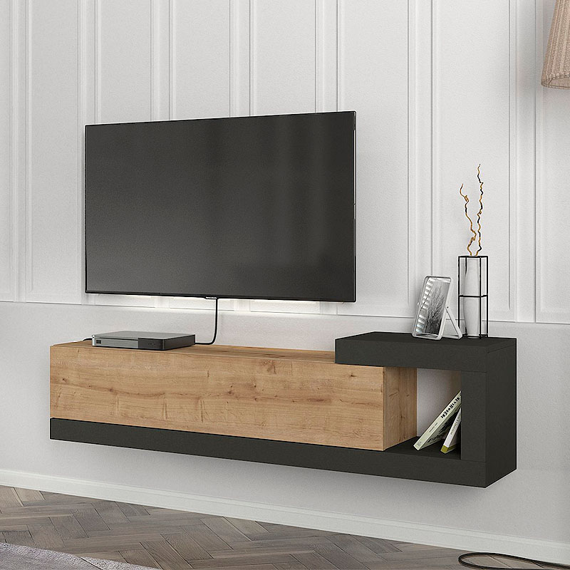 Έπιπλο τηλεόρασης επιτοίχιο Θάσος 86 χρώμα sapphire oak - ανθρακί 150x29,6x38,6εκ.