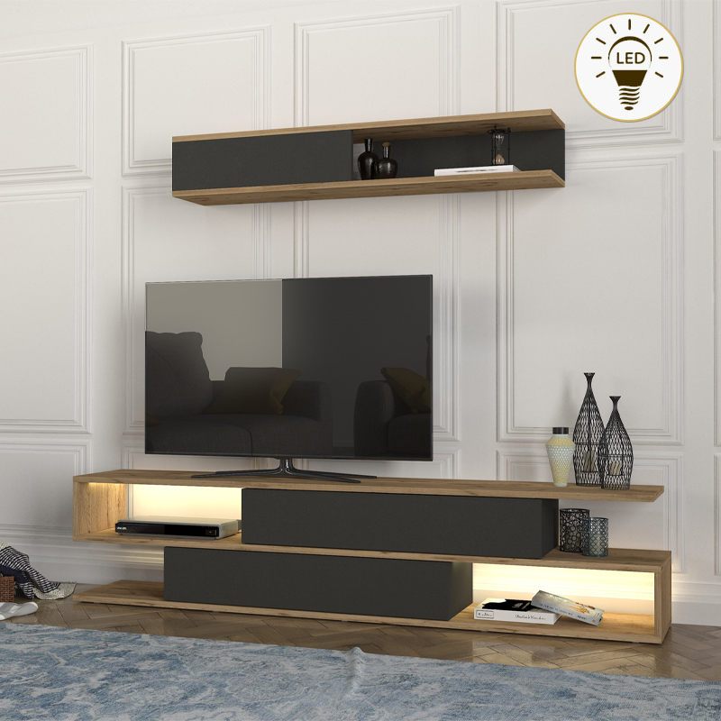 Σύνθεση τηλεόρασης Κάλυμνος 73 με LED χρώμα sepet oak - ανθρακί 180x29,5x39εκ.