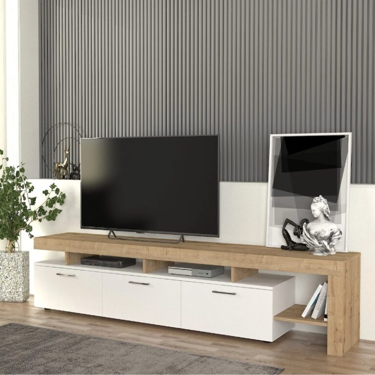 Έπιπλο τηλεόρασης Acnes Megapap χρώμα λευκό – sapphire oak 220x40x52εκ.
