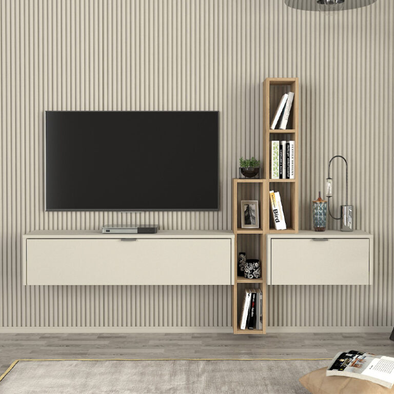 Σύνθεση τηλεόρασης επιτοίχια Edgar χρώμα sandstone – sepet oak 198,4×29,6×148,5εκ.