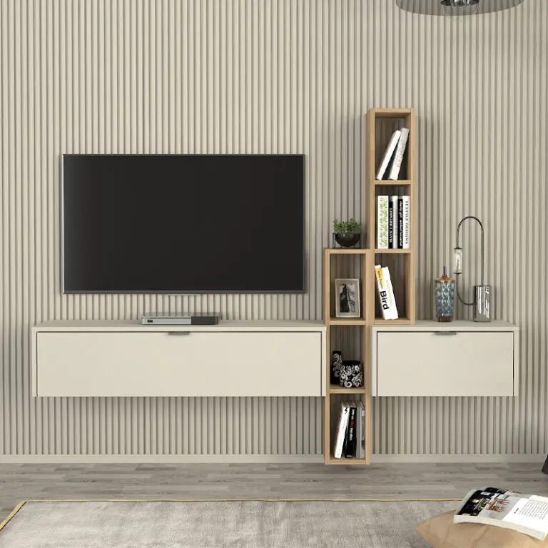 Σύνθεση τηλεόρασης επιτοίχια Edgar χρώμα sandstone – sepet oak 198,4×29,6×148,5εκ.