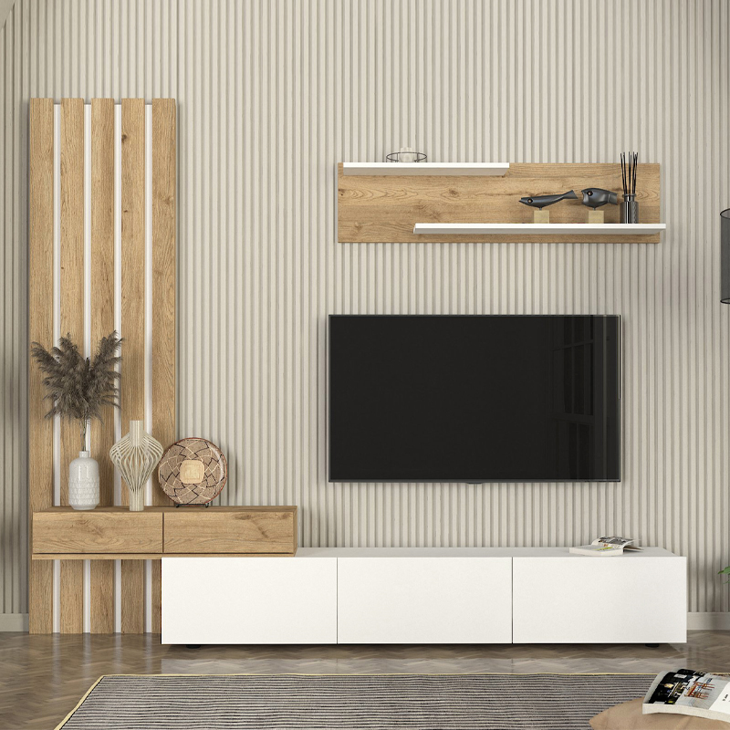 Σύνθεση τηλεόρασης Κρήτη 50 χρώμα λευκό - sepet oak 233x31,3x196,8εκ.