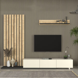 Σύνθεση τηλεόρασης Nagini χρώμα ivory - sapphire oak - ανθρακί 260x39,4x203,6εκ.
