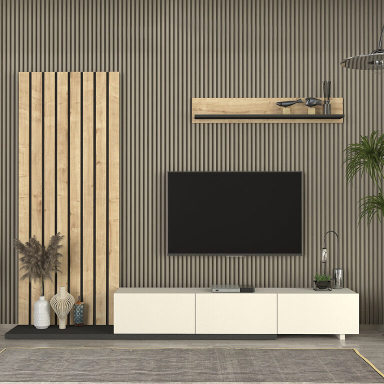 Σύνθεση τηλεόρασης Nagini χρώμα ivory – sapphire oak – ανθρακί 260×39,4×203,6εκ.