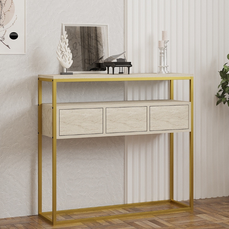 Κονσόλα Μυκήνες 27 χρώμα μπεζ travertine - χρυσό 100x29x90εκ.