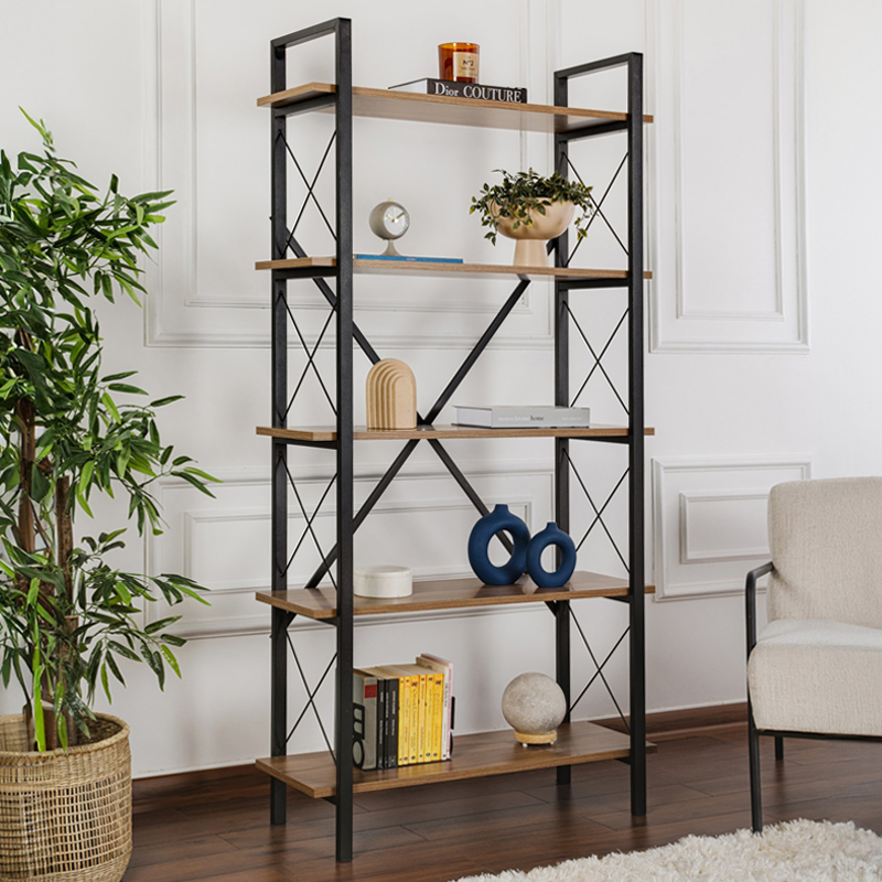 Βιβλιοθήκη Πόρος 50 χρώμα καρυδί - μαύρο 90x33,5x180εκ.