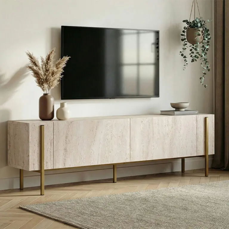Έπιπλο τηλεόρασης Τήνος 48 χρώμα travertine – χρυσό 180x30x45,5εκ.