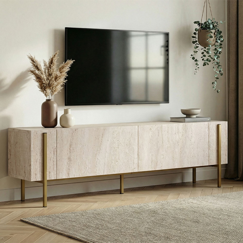 Έπιπλο τηλεόρασης Τήνος 48 χρώμα travertine - χρυσό 180x30x45,5εκ.