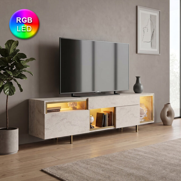 Έπιπλο τηλεόρασης Norm με Led Rgb χρώμα travertine – χρυσό 180x32x55εκ.