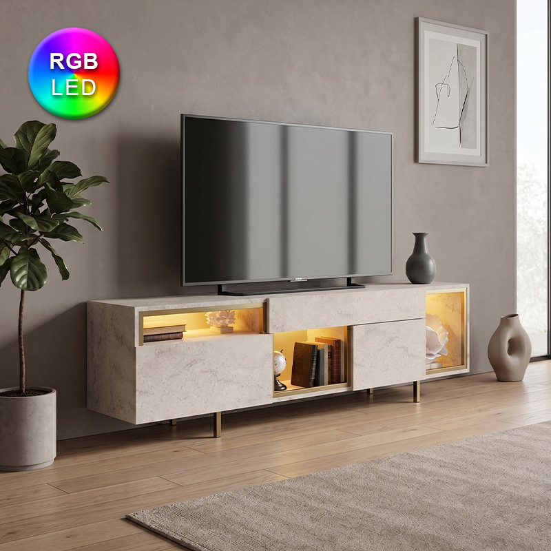 Έπιπλο τηλεόρασης Καστελόριζο 84 με Led Rgb χρώμα travertine - χρυσό 180x32x55εκ.