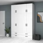 Ντουλάπα ρούχων Ανάφη 44 τετράφυλλη με πατάρι και συρτάρια χρώμα λευκό 160×51,8×240εκ. – εικόνα 4