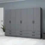 Ντουλάπα ρούχων Ανάφη 44 εξάφυλλη με συρτάρια χρώμα ανθρακί 240×51,8×181εκ. – εικόνα 4