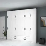 Ντουλάπα ρούχων Ανάφη 44 εξάφυλλη με πατάρι και συρτάρια χρώμα λευκό 240×51,8×240εκ. – εικόνα 4