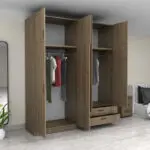 Ντουλάπα ρούχων Θάσος 31 τετράφυλλη με πατάρι και συρτάρια χρώμα καρυδί 200x60x240εκ. – εικόνα 2