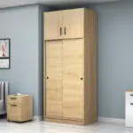 Ντουλάπα ρούχων Σπέτσες 96 δίφυλλη συρόμενη με πατάρι χρώμα φυσικό οξιάς 100x60x240εκ. – εικόνα 3