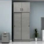 Ντουλάπα ρούχων Σπέτσες 96 δίφυλλη συρόμενη με πατάρι χρώμα γκρι σκυροδέματος 100x60x240εκ. – εικόνα 4