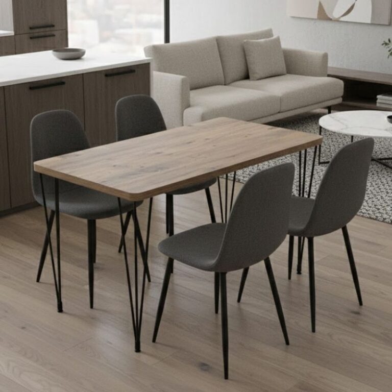 Σετ τραπεζαρία 5τμχ Roger – Iris Mdf – ύφασμα χρώμα ακακίας – γκρι 120x70x75εκ.