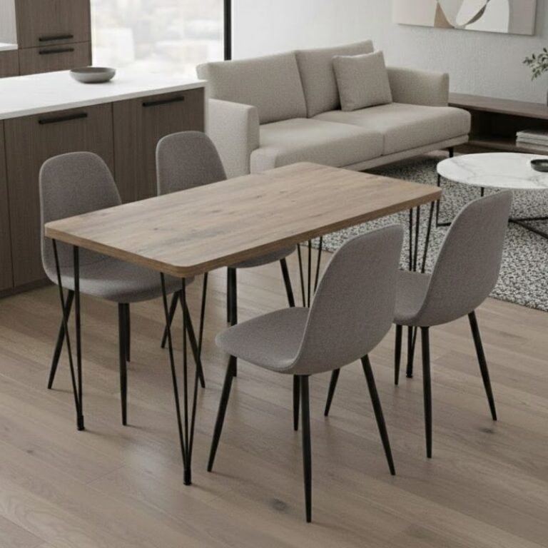 Σετ τραπεζαρία 5τμχ Roger – Iris Mdf – ύφασμα χρώμα ακακίας – ανοιχτό μπεζ 120x70x75εκ.