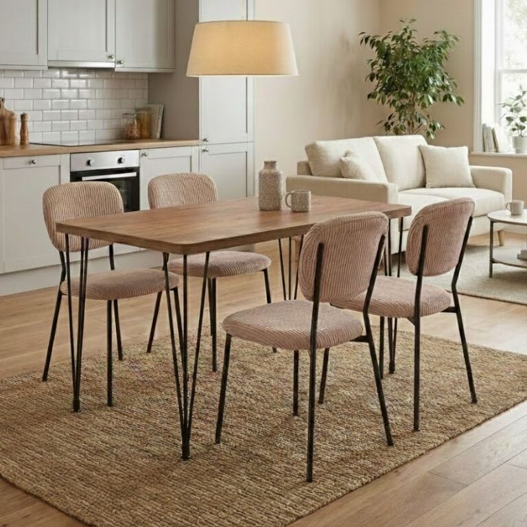 Σετ τραπεζαρία 5τμχ Roger – Kevin Mdf – ύφασμα χρώμα ακακίας – μόκα 120x70x75εκ.