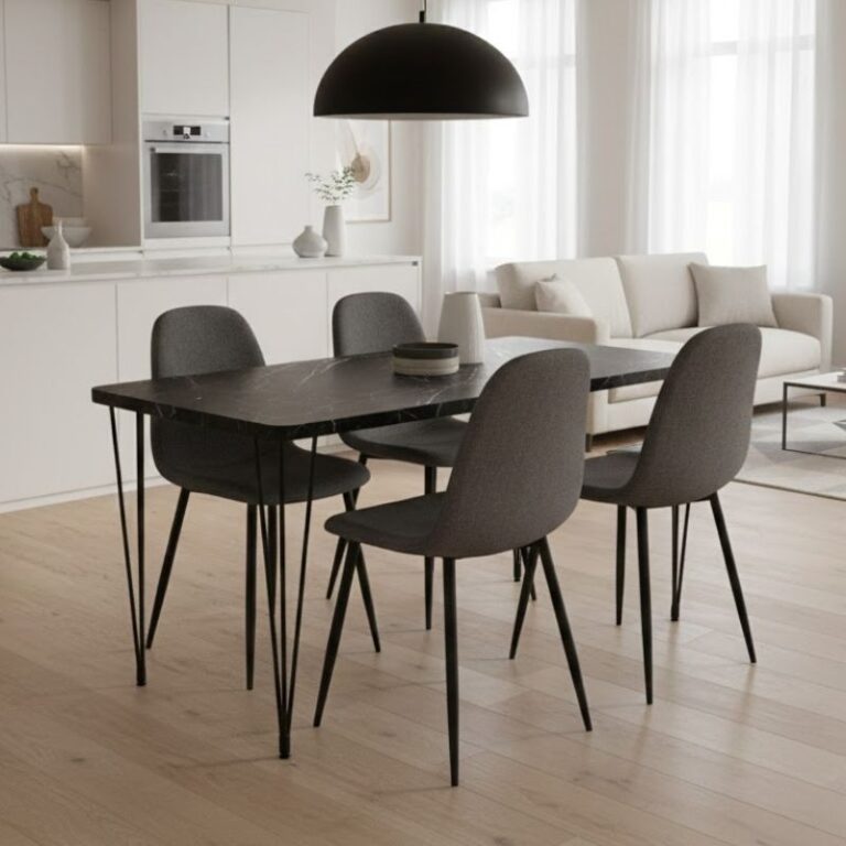 Σετ τραπεζαρία 5τμχ Roger – Iris Mdf – ύφασμα χρώμα μαύρο εφέ μαρμάρου – γκρι 120x70x75εκ.