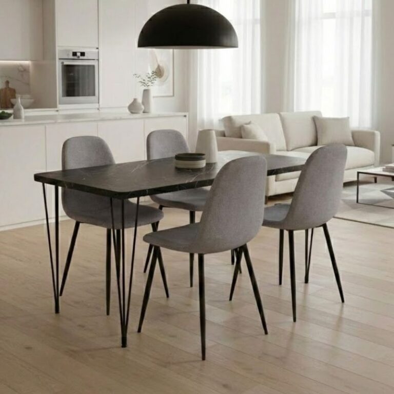 Σετ τραπεζαρία 5τμχ Roger – Iris Mdf – ύφασμα χρώμα μαύρο εφέ μαρμάρου – ανοιχτό μπεζ 120x70x75εκ.