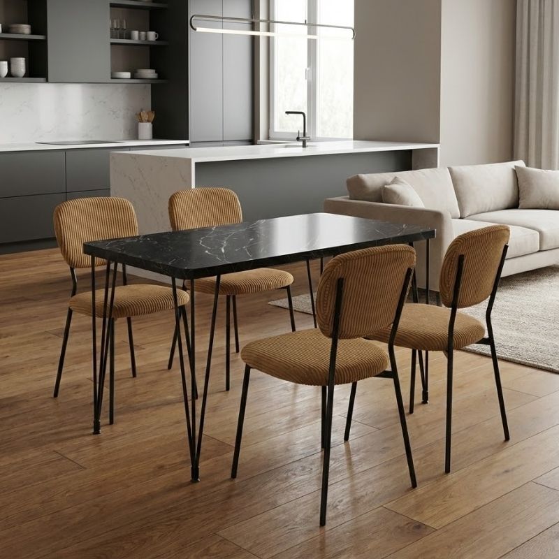 Σετ τραπεζαρία 5τμχ Πάρος 96 Mdf - ύφασμα χρώμα μαύρο εφέ μαρμάρου - μουσταρδί 120x70x75εκ.