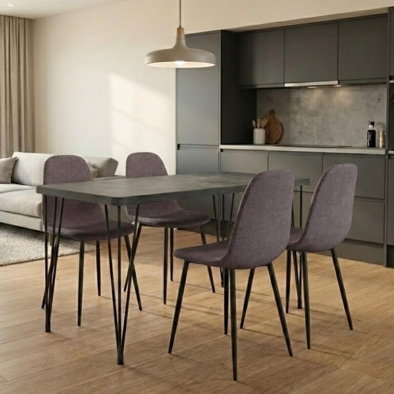 Σετ τραπεζαρία 5τμχ Roger – Iris Mdf – ύφασμα χρώμα σκούρο γκρι σκυροδέματος – ανοιχτό μπεζ 120x70x75εκ.