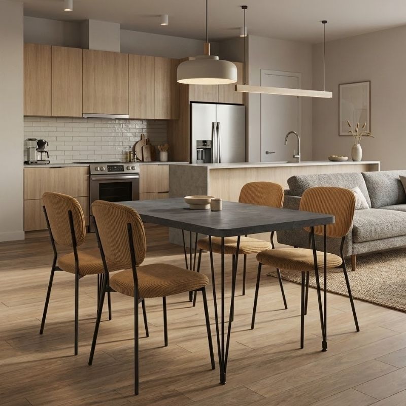 Σετ τραπεζαρία 5τμχ Πάρος 96 Mdf - ύφασμα χρώμα σκούρο γκρι σκυροδέματος - μουσταρδί 120x70x75εκ.