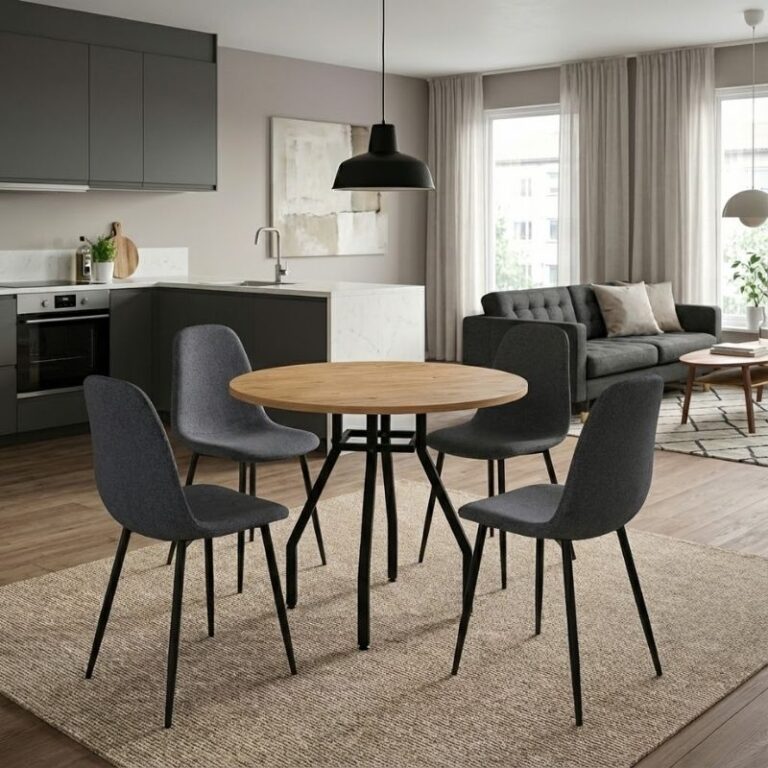 Σετ τραπεζαρία 5τμχ Roma – Iris χρώμα pine oak – γκρι Ø80×75εκ.