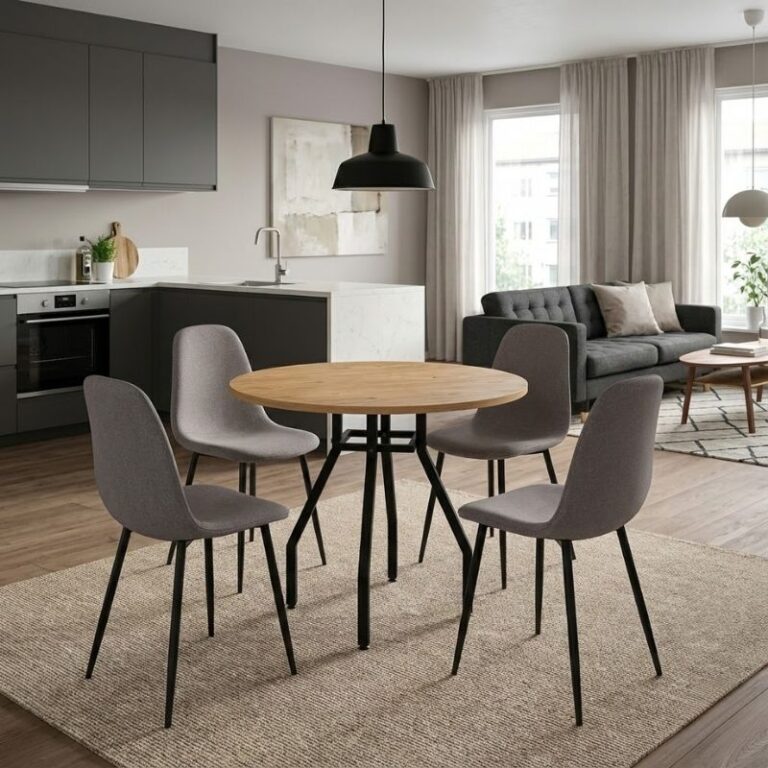 Σετ τραπεζαρία 5τμχ Roma – Iris χρώμα pine oak – ανοιχτό μπεζ Ø80×75εκ.