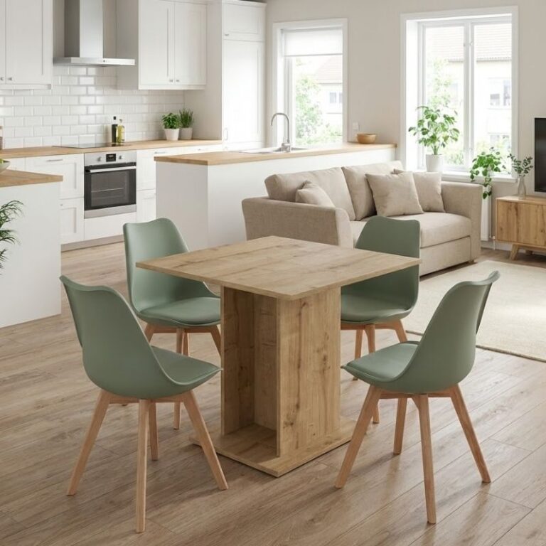 Σετ τραπεζαρία 5τμχ Allos – Viva χρώμα sapphire oak – φυστικί 75x75x77εκ.