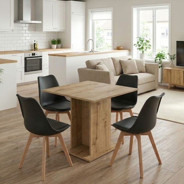 Σετ τραπεζαρία 5τμχ Allos – Viva χρώμα sapphire oak – μαύρο/φυσικό πόδι 75x75x77εκ.