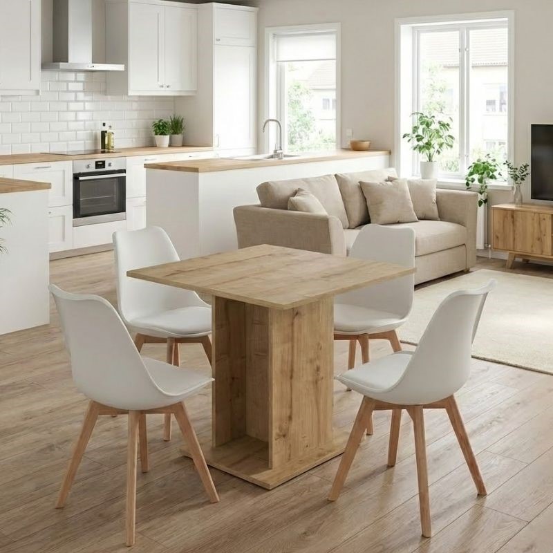 Σετ τραπεζαρία 5τμχ Αμοργός 58 χρώμα sapphire oak - λευκό/φυσικό πόδι 75x75x77εκ.