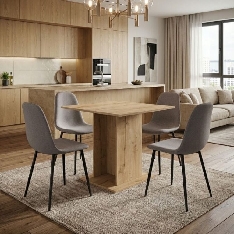 Σετ τραπεζαρία 5τμχ Allos – Iris χρώμα sapphire oak – ανοιχτό μπεζ 75x75x77εκ.