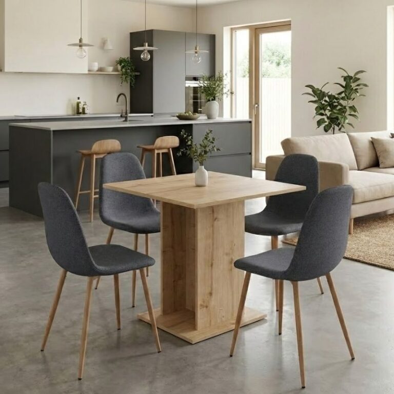 Σετ τραπεζαρία 5τμχ Allos – Iris χρώμα sapphire oak – γκρι/φυσικό πόδι 75x75x77εκ.