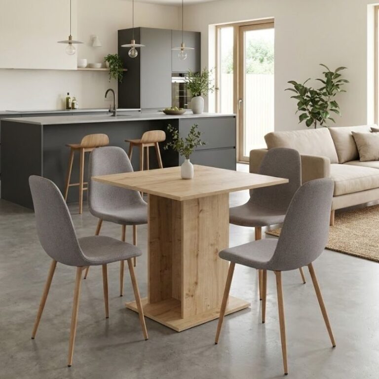 Σετ τραπεζαρία 5τμχ Allos – Iris χρώμα sapphire oak – ανοιχτό μπεζ/φυσικό πόδι 75x75x77εκ.