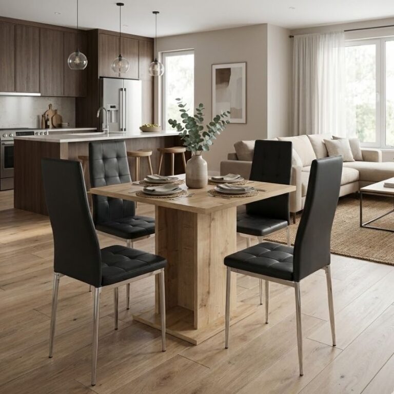 Σετ τραπεζαρία 5τμχ Allos – Rosa χρώμα sapphire oak – μαύρο/χρωμίου πόδι 75x75x77εκ.