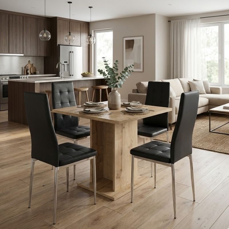 Σετ τραπεζαρία 5τμχ Σκιάθος 16 χρώμα sapphire oak - μαύρο/χρωμίου πόδι 75x75x77εκ.